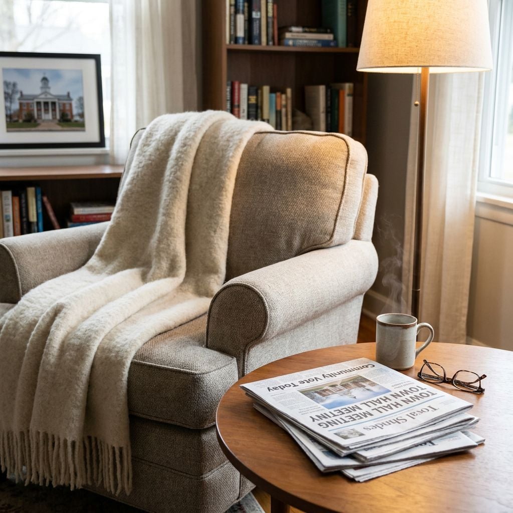 A cozy reading nook featuring an armchair, a blanket, a side table with a mug and glasses, and a bookshelf in the background.