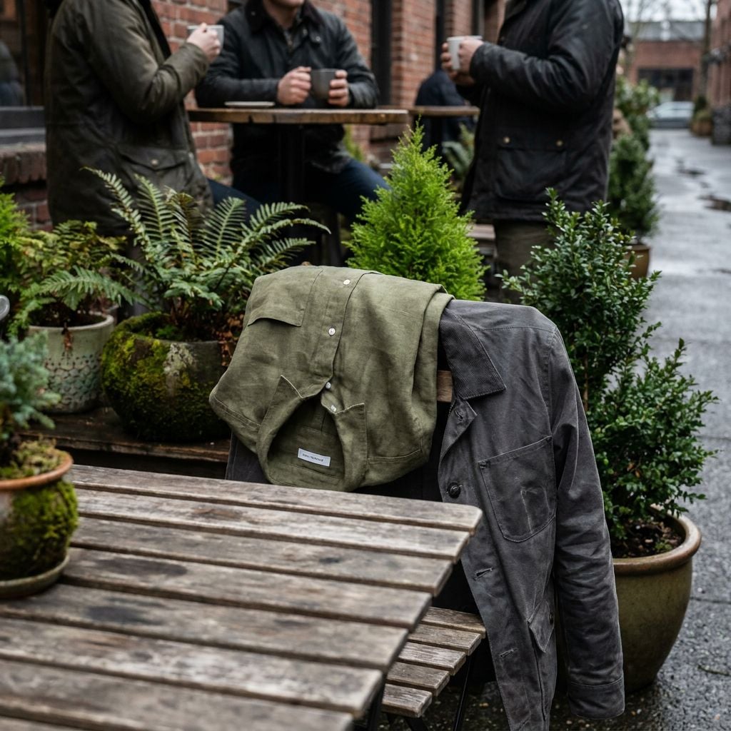 A casual outdoor setting with a green shirt and gray jacket hanging on a wooden table surrounded by potted plants.