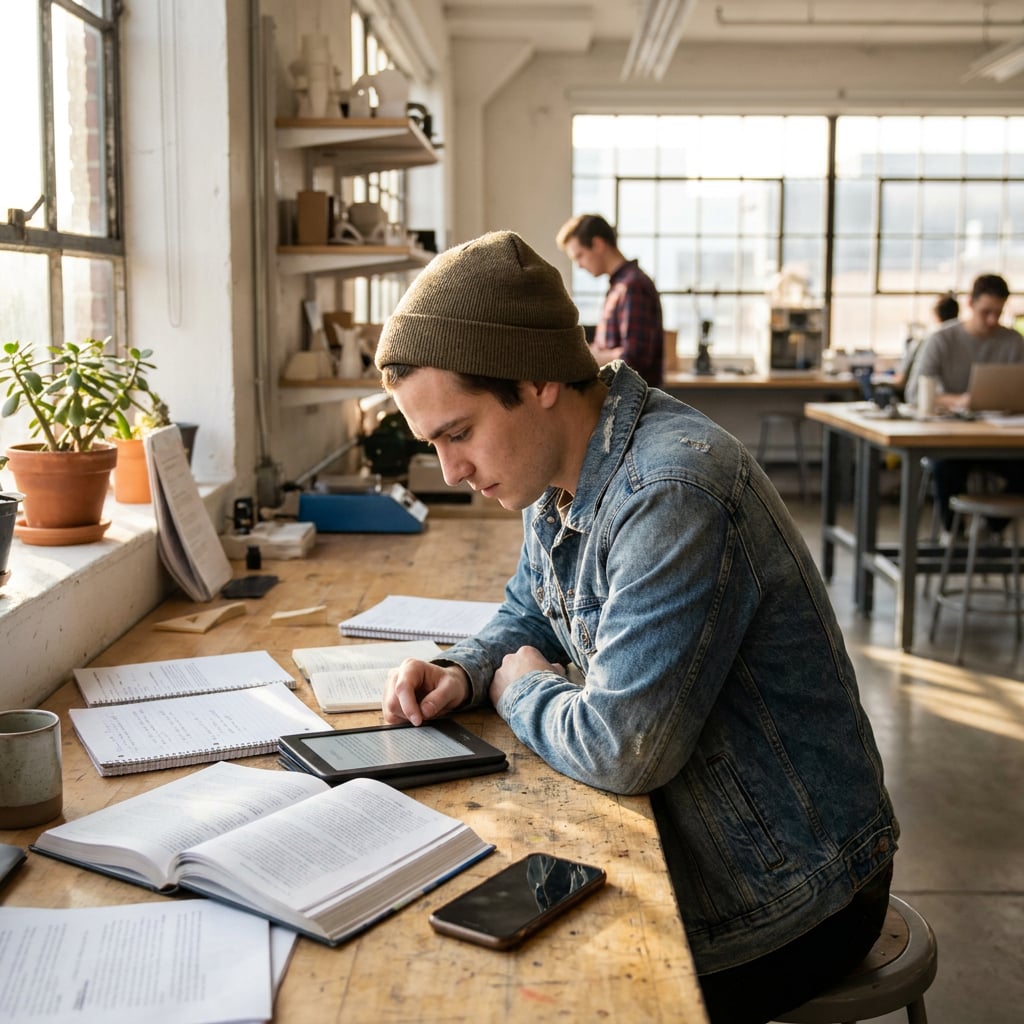 A young man in a beanie studies at a wooden table in a bright, open workspace.