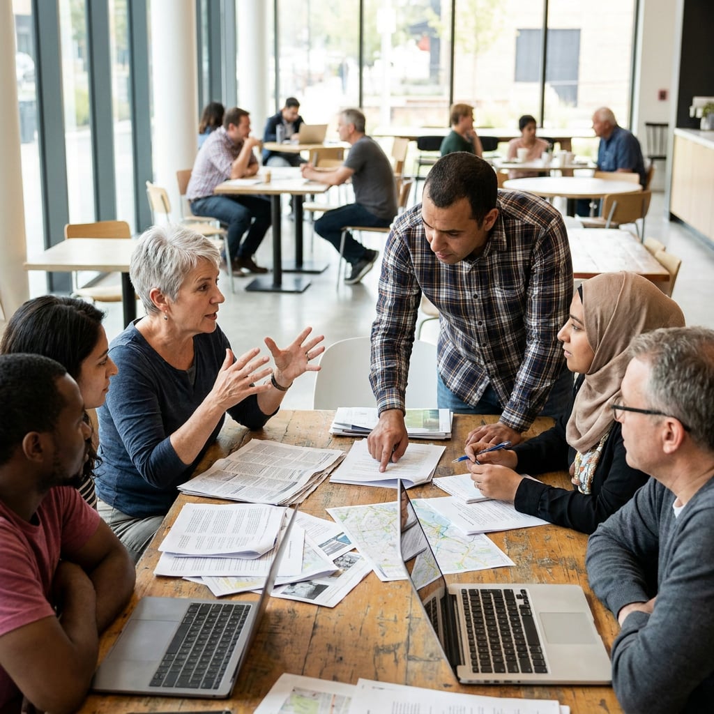 A diverse group of people engaged in a discussion around a table with laptops and documents.