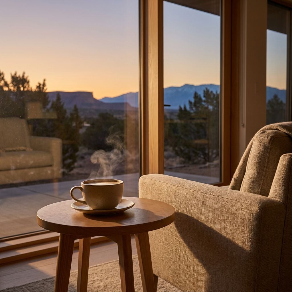 A steaming cup of coffee sits on a small table next to a cozy chair, with a scenic view of mountains at sunset in the background.