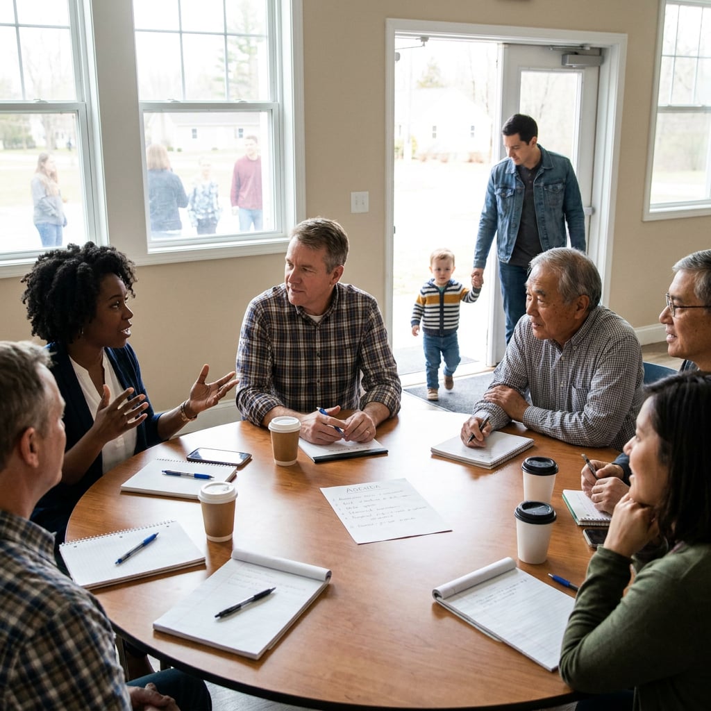 A group of six people engaged in a discussion around a table with coffee cups and notebooks.