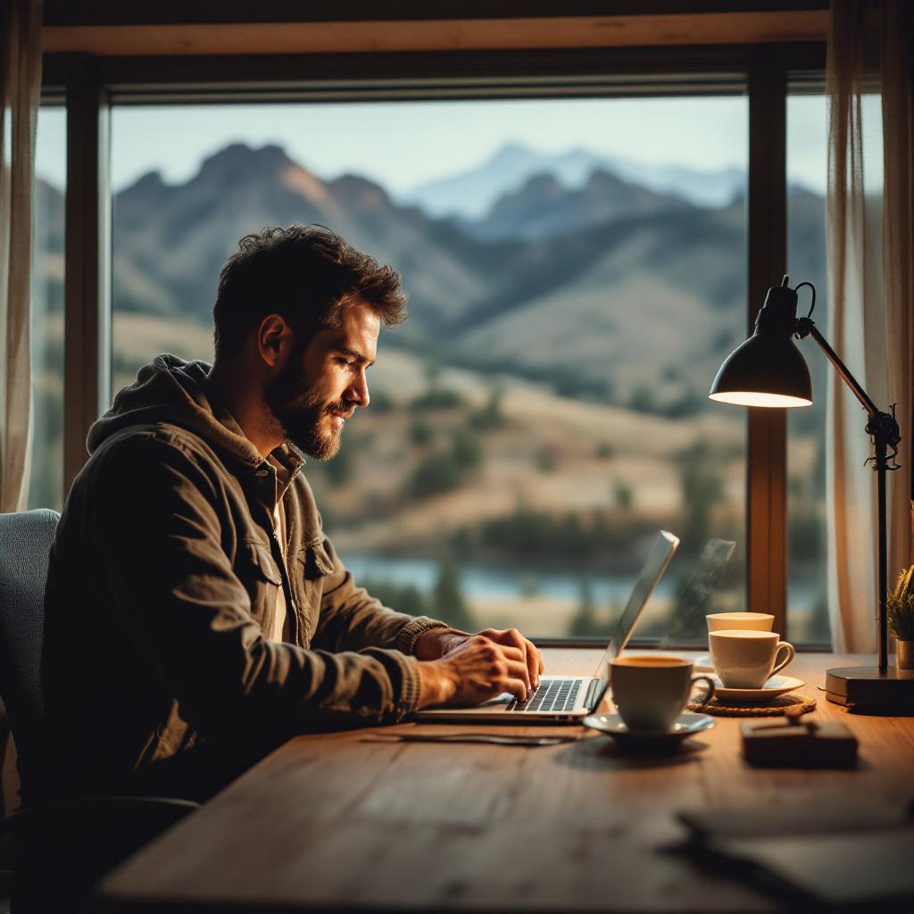 A man working on a laptop at a wooden desk with mountains visible through a window.