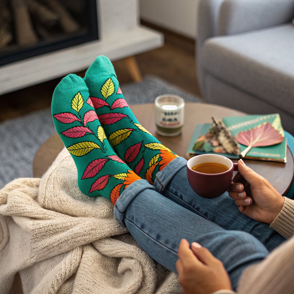 A person is sitting on a couch with their feet up, wearing colorful leaf-patterned socks while holding a cup of tea.