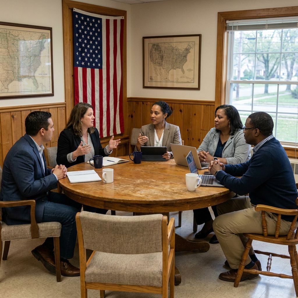 A group of five professionals engaged in a discussion around a wooden table in a room with an American flag.