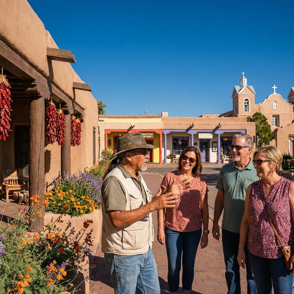 A group of four people engaging with a local guide in a colorful outdoor market.