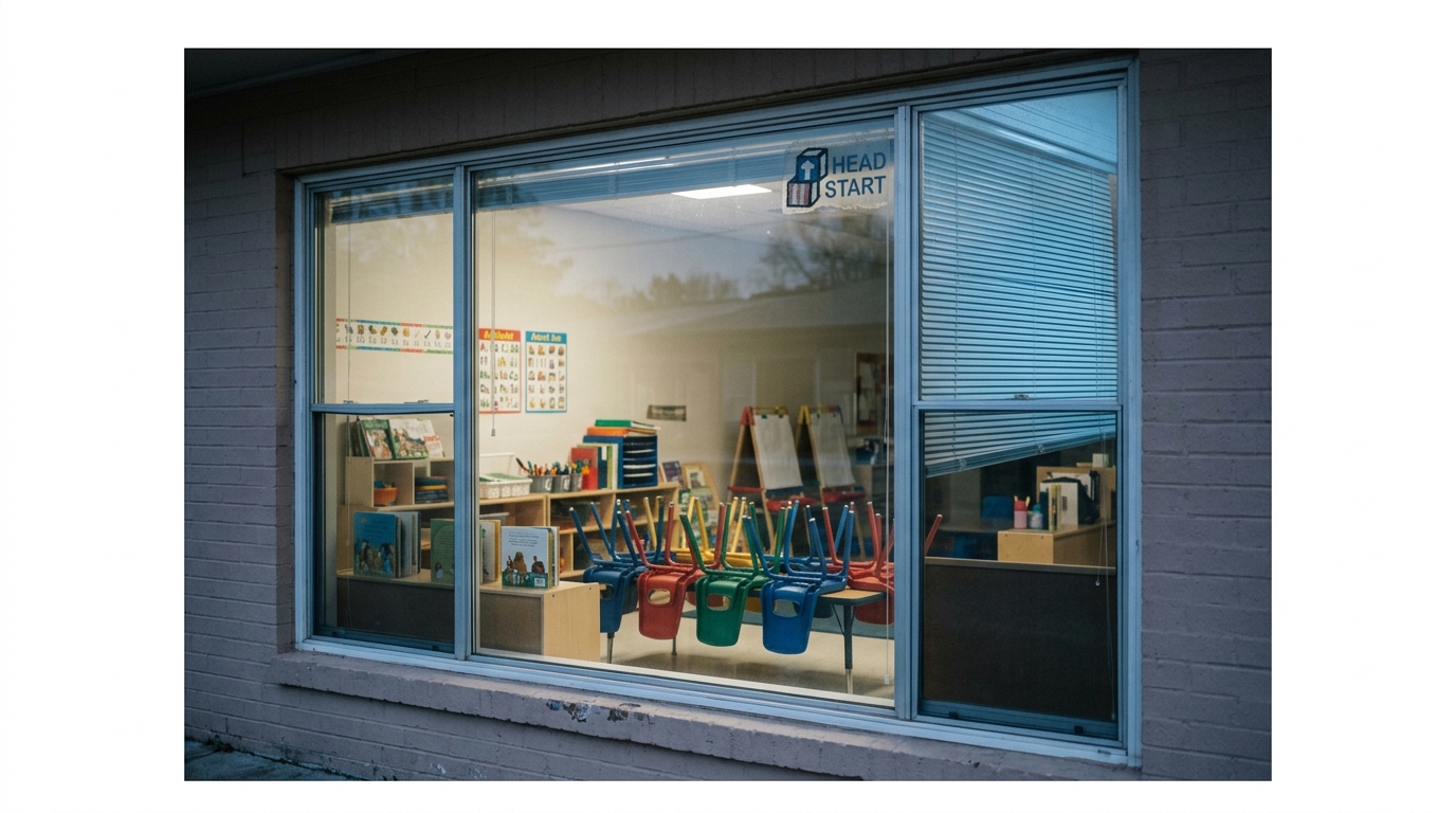 A view of a classroom through a window, showcasing colorful chairs and educational materials.