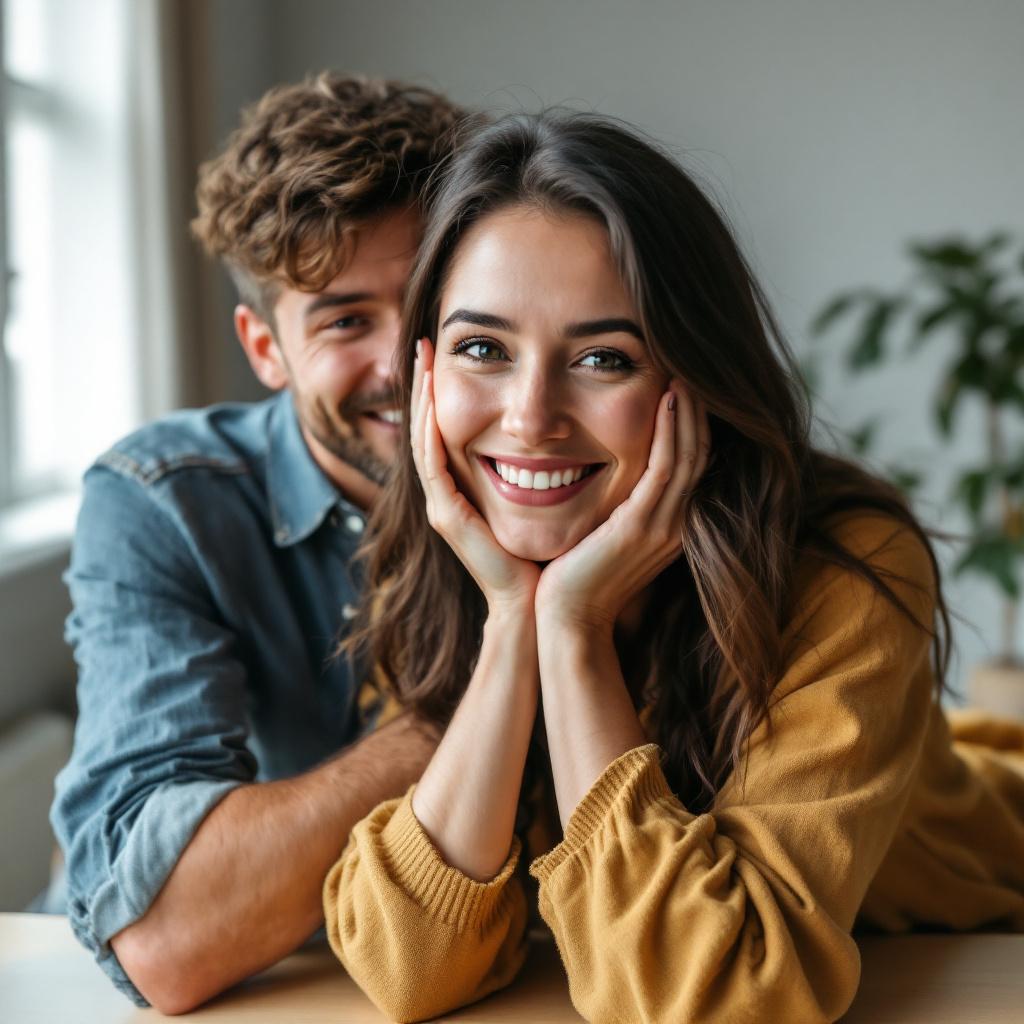 A smiling woman with long hair rests her chin on her hands while a man is playfully positioned behind her.