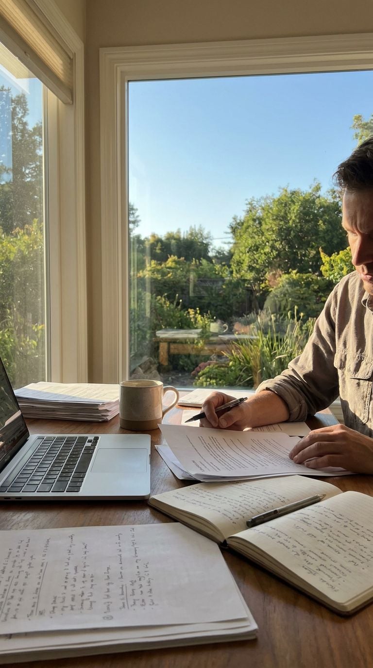 A person is working at a desk with a laptop and notebooks, surrounded by a garden view.