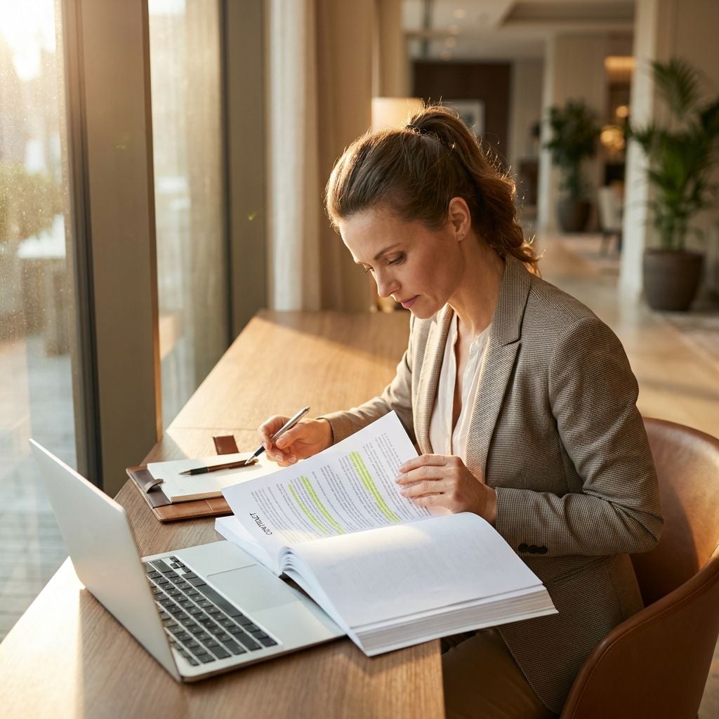 A woman is studying documents while sitting at a desk with a laptop in a well-lit room.