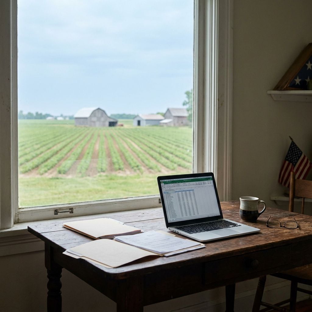 A laptop with spreadsheets is placed on a wooden table next to a coffee mug, with a view of a farm field through a window.