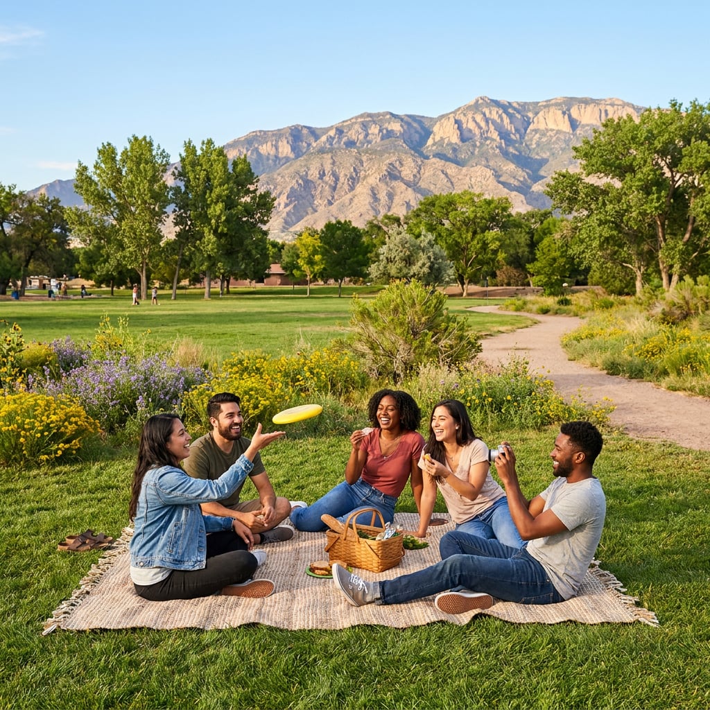 A group of friends enjoying a picnic in a park with mountains in the background.