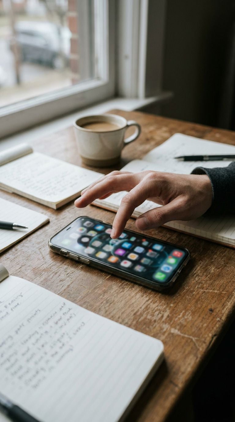 A person using a smartphone while sitting at a wooden table with notebooks and a coffee cup.