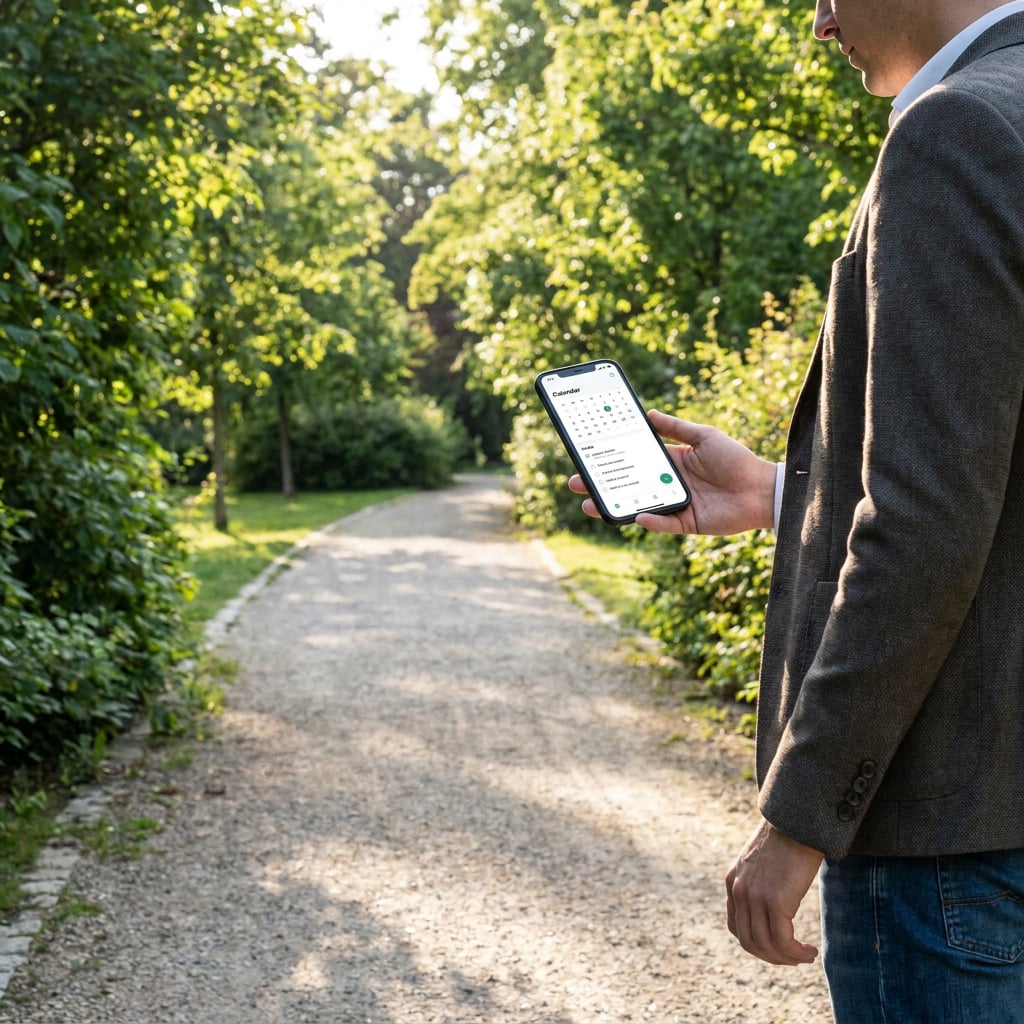 A man in a blazer is holding a smartphone while walking on a gravel path surrounded by greenery.