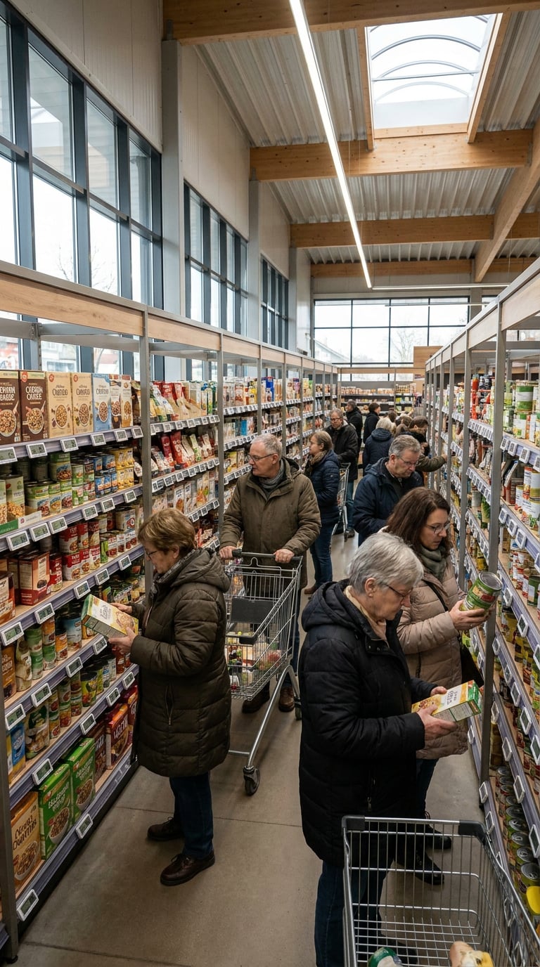 A group of shoppers browsing grocery aisles in a supermarket.