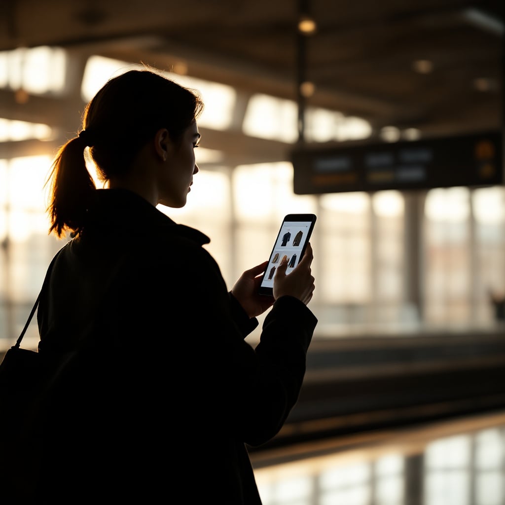 A woman is holding a tablet while standing in a well-lit indoor space.