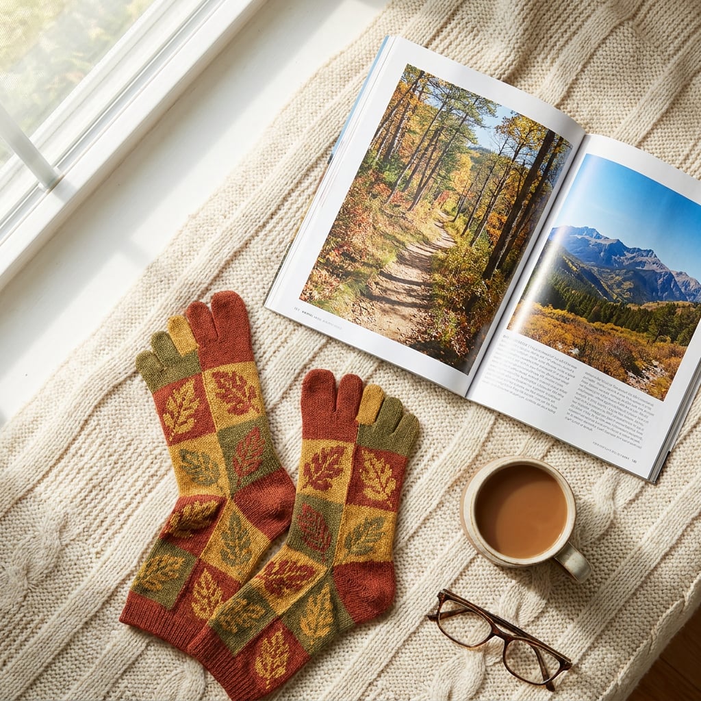 A cozy scene featuring patterned socks, a coffee mug, reading glasses, and a magazine on a knitted blanket.