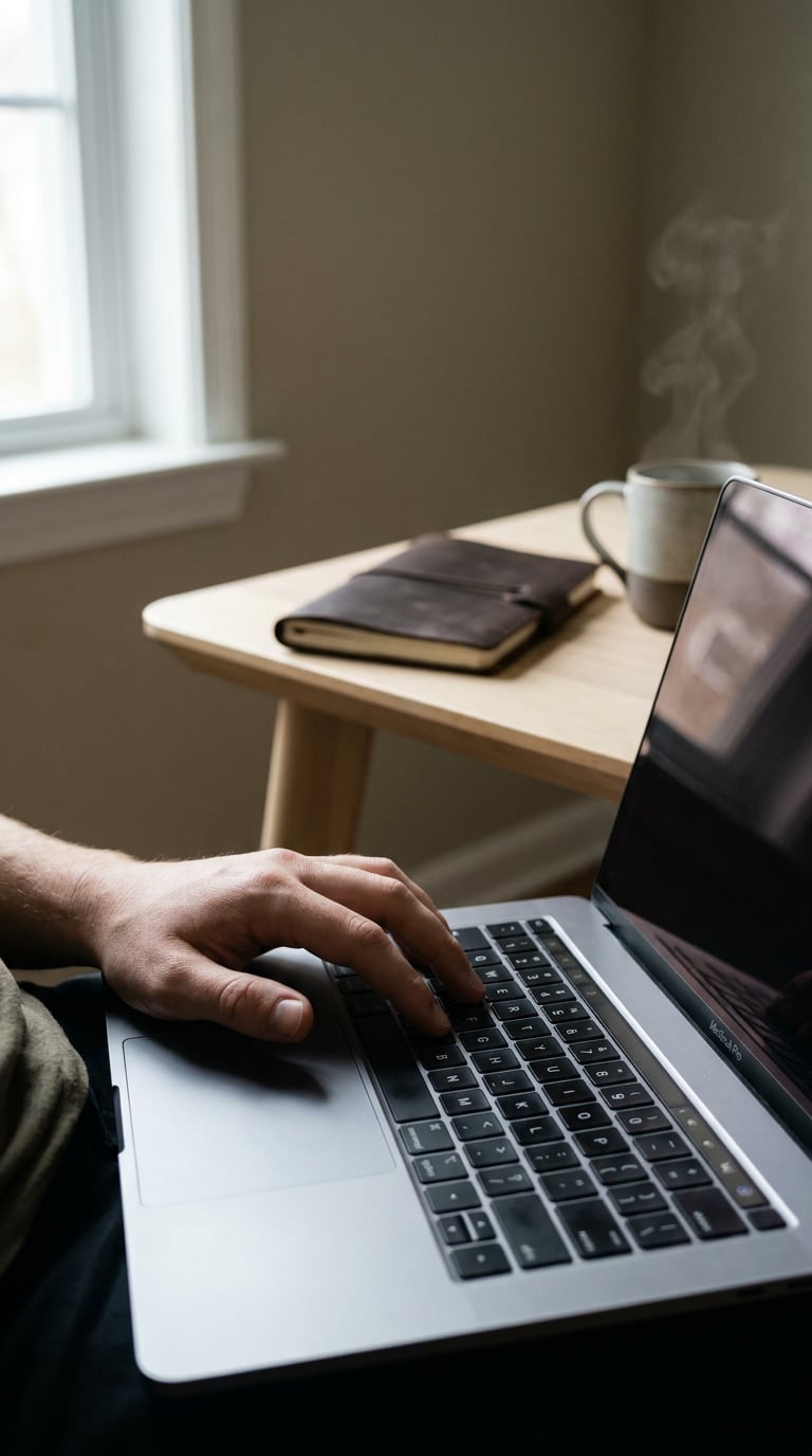 A person is typing on a laptop at a wooden table with a notebook and a cup of coffee nearby.