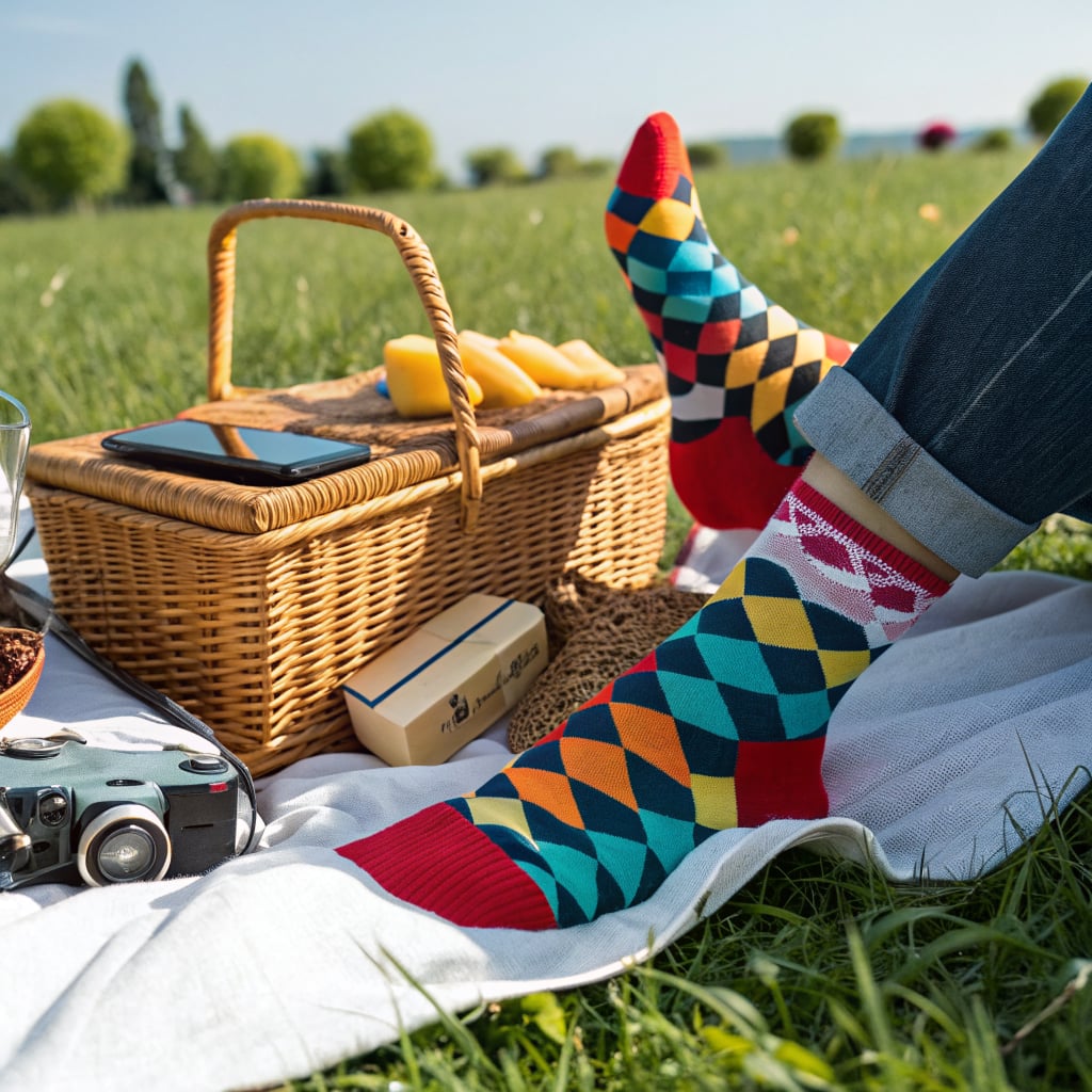 A person wearing colorful patterned socks sits on a blanket next to a picnic basket and a camera in a grassy field.