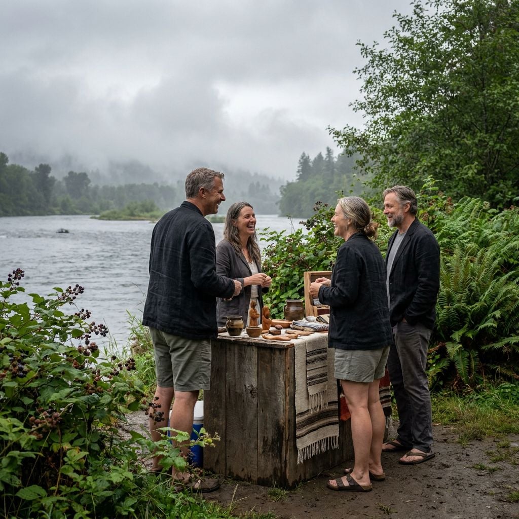A group of four people are gathered around a wooden table by a river in a forested area.