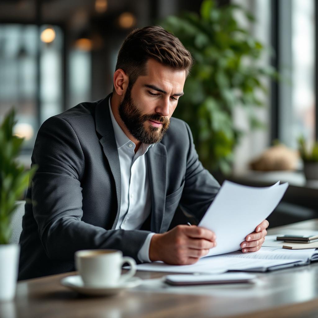 A man in a suit is reading documents at a table with a cup of coffee.