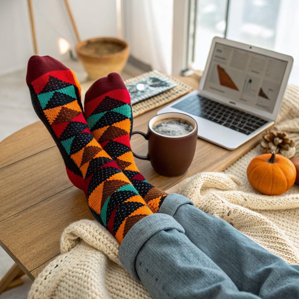 A person is relaxing with colorful patterned socks on a table next to a laptop and a cup of coffee.