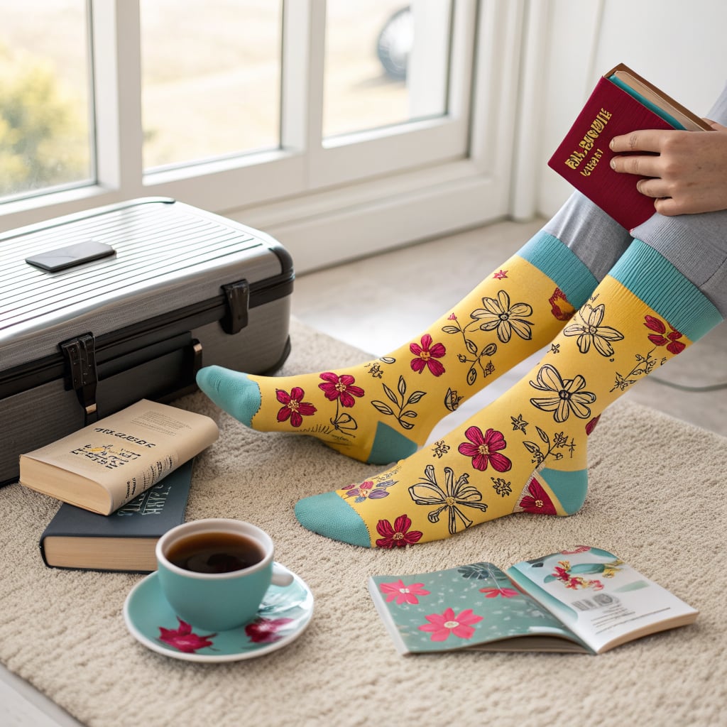 A person sitting on a rug with colorful socks, holding a book and a cup of coffee next to a suitcase.