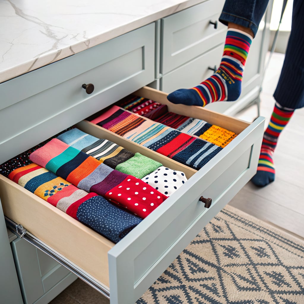 A neatly organized drawer filled with colorful socks and a person wearing striped socks standing nearby.