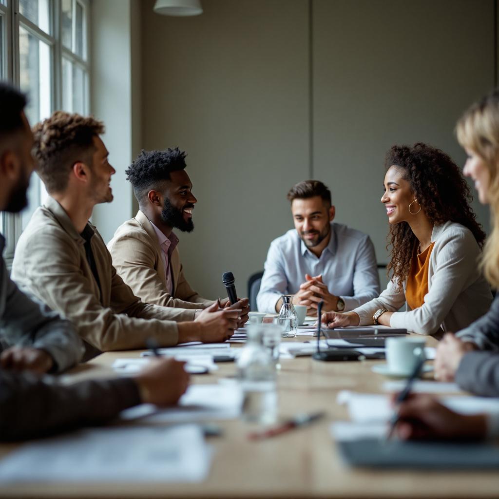 A diverse group of professionals engaged in a meeting around a conference table.