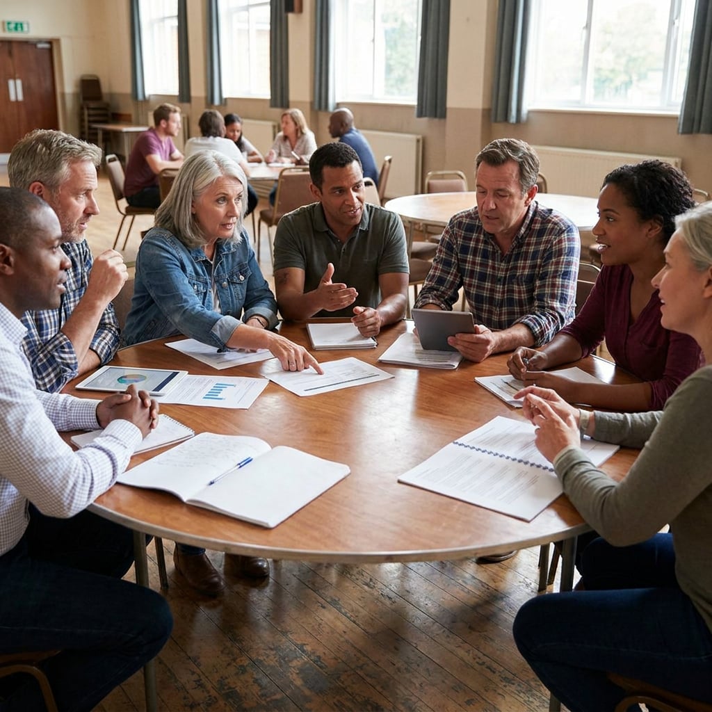 A group of six people engaged in a discussion around a table with papers and a tablet.