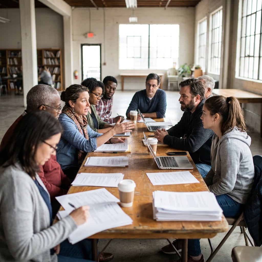 A diverse group of people engaged in a discussion around a table with laptops and documents.