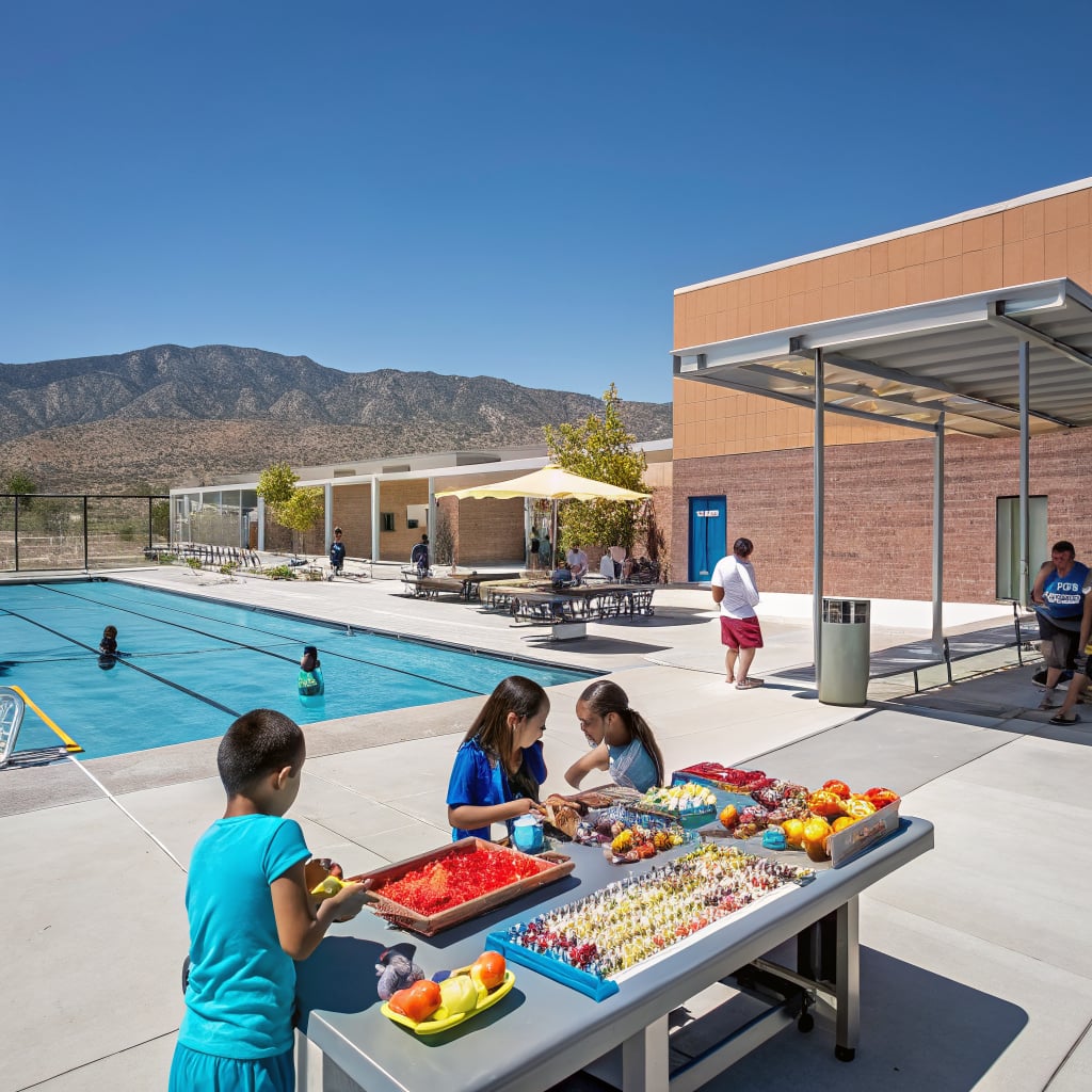A group of children and adults enjoying a poolside setting with a table of snacks.