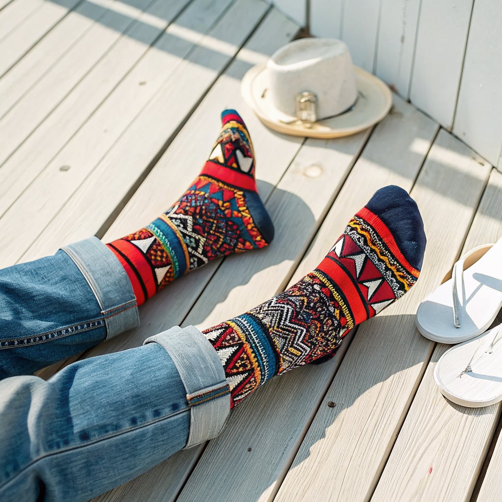 A person is sitting on a wooden deck wearing colorful patterned socks.