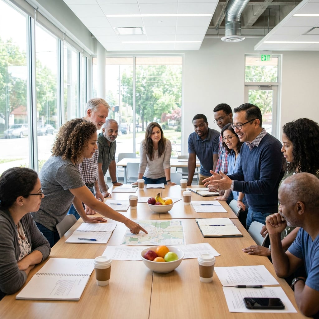 A diverse group of people engaged in a collaborative meeting around a table.