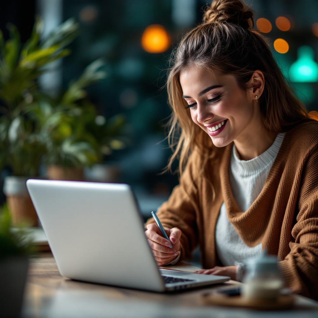 A young woman is smiling while working on a laptop in a cozy café.