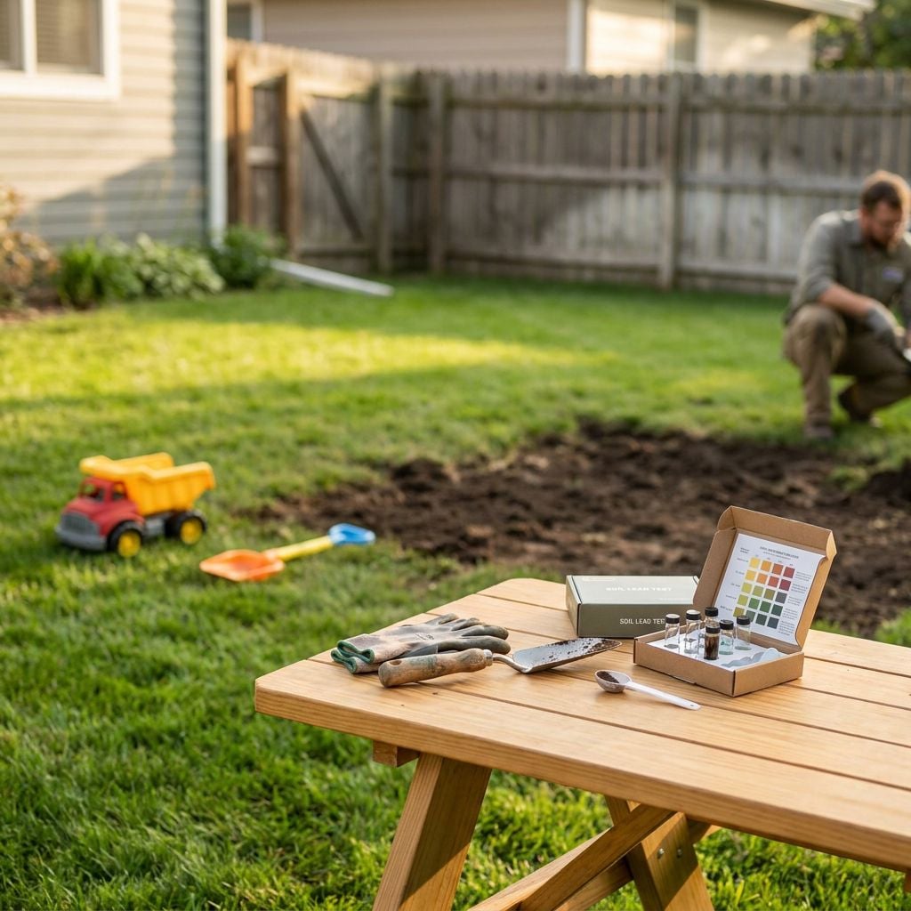 A person is working in a garden while gardening tools and a color palette are on a table in the foreground.