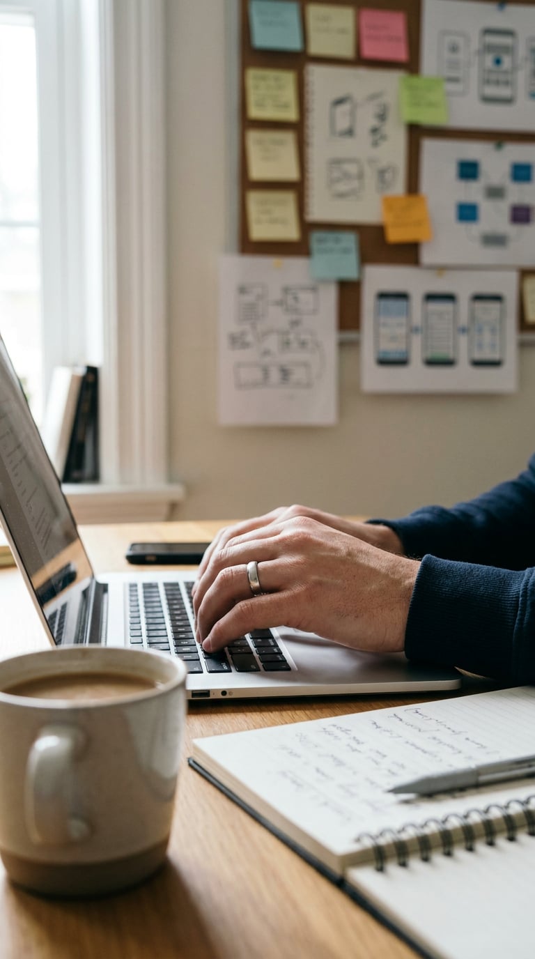A person is typing on a laptop with a cup of coffee and a notebook on the table.