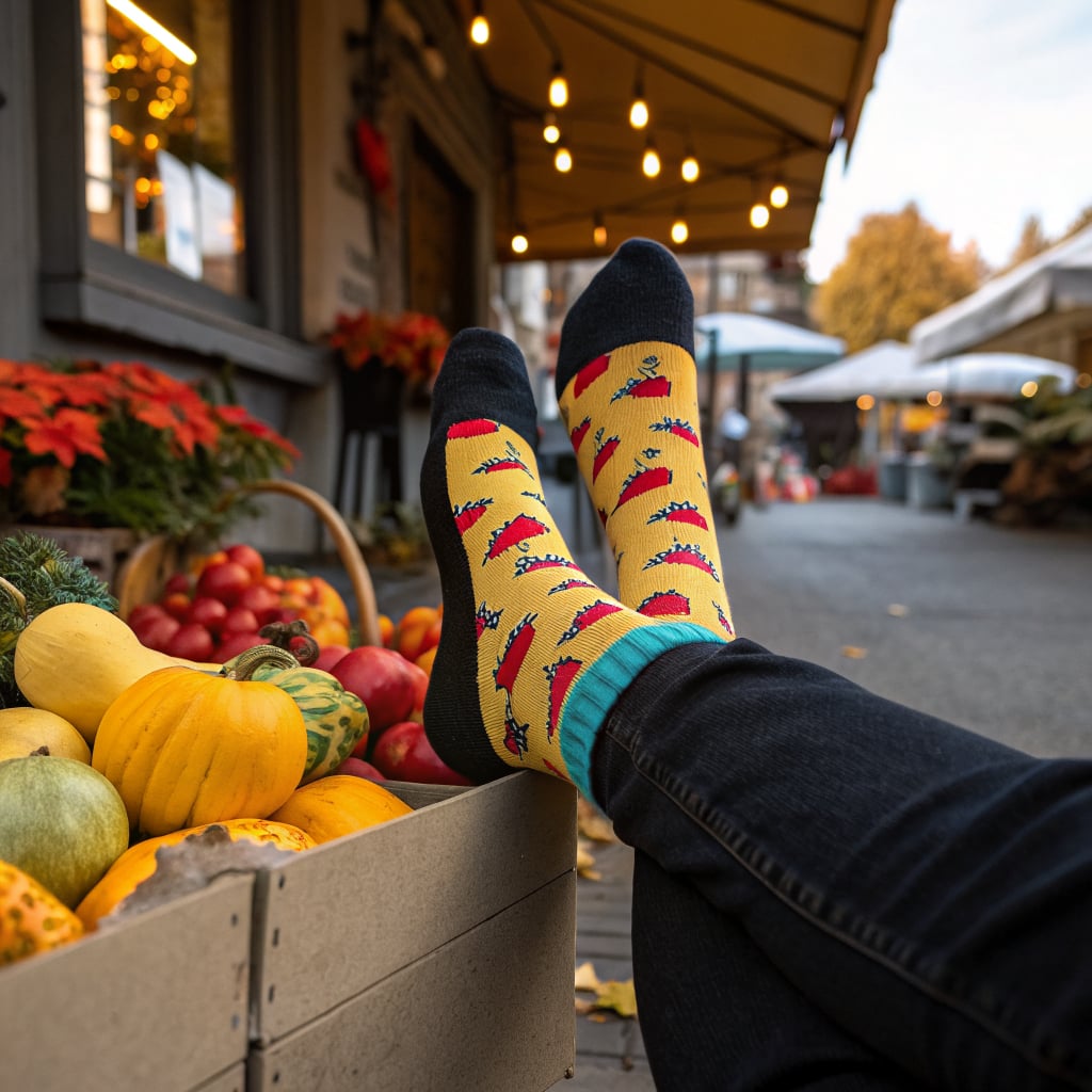 A person is relaxing with their feet up, wearing colorful socks, next to a basket of fresh produce at a market.