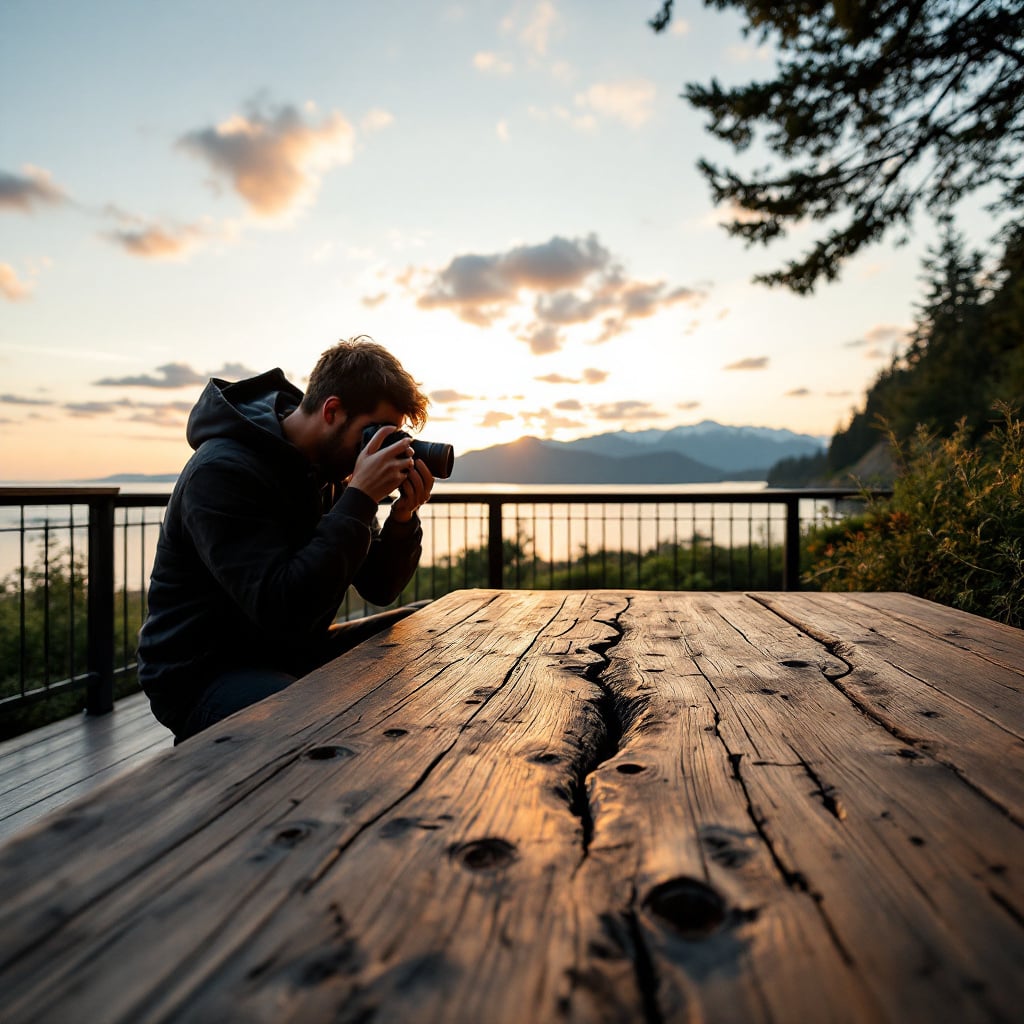 A person is taking a photograph of a scenic view during sunset.