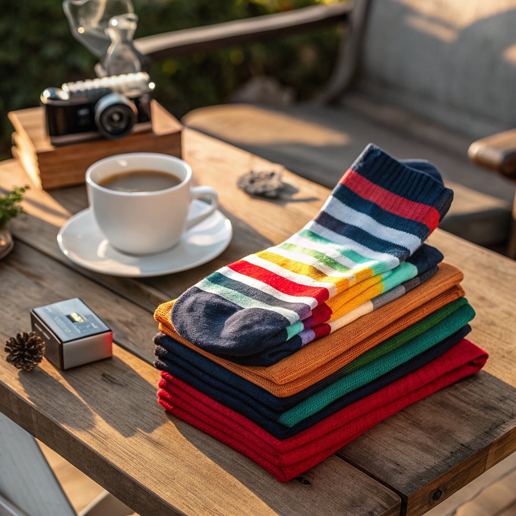 A stack of colorful socks is placed on a wooden table next to a cup of coffee and a vintage camera.