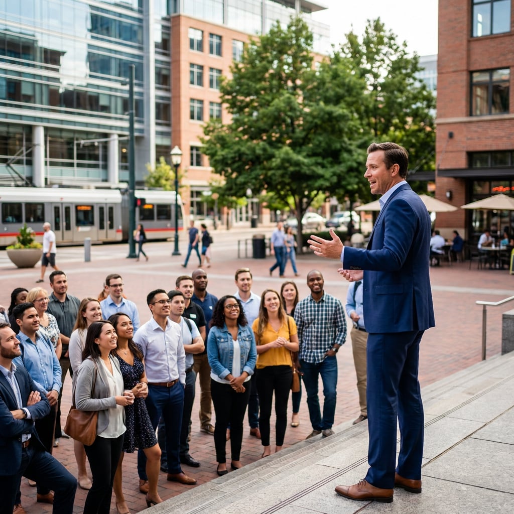 A man in a suit is speaking to a group of people in an urban setting.