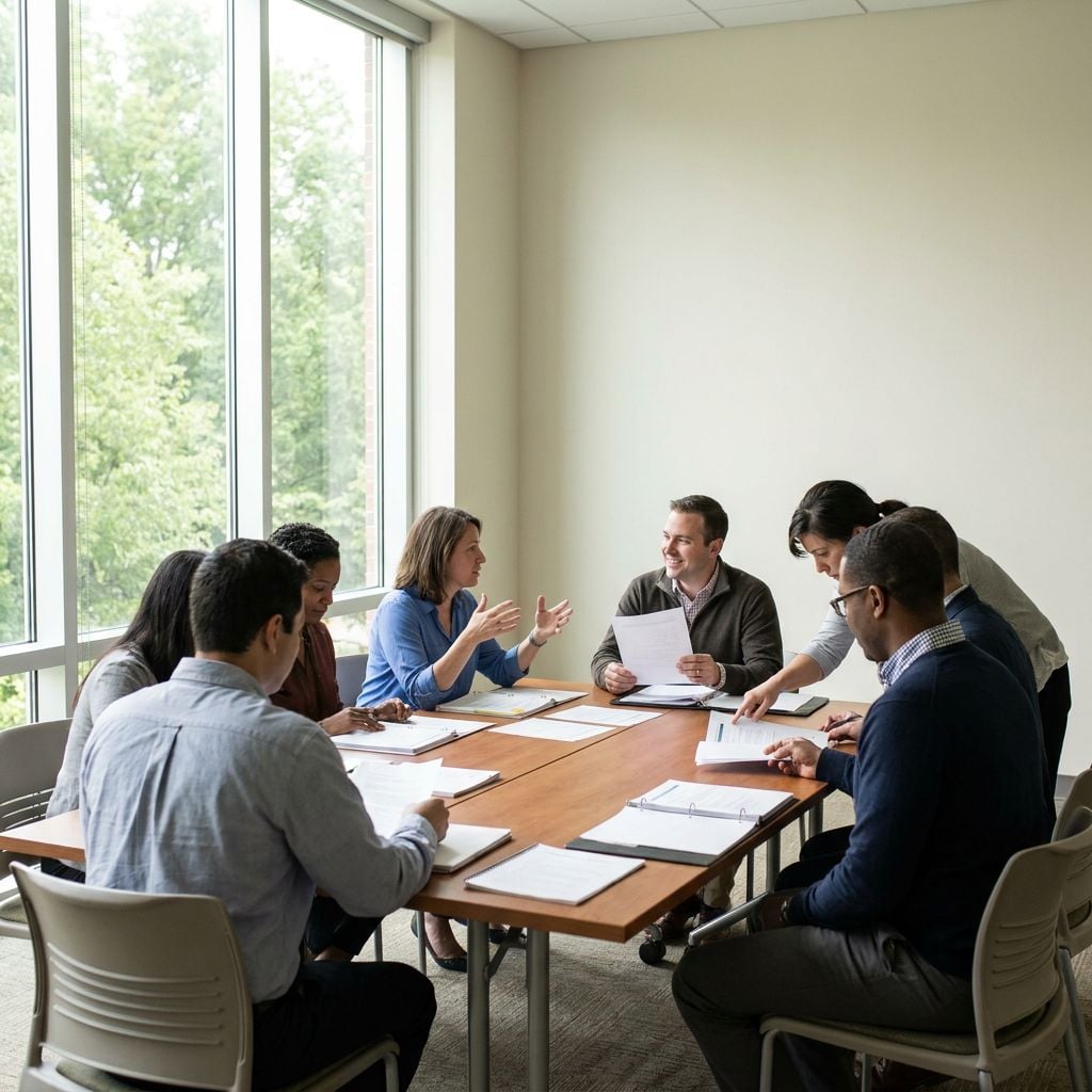 A group of people engaged in a discussion around a conference table.