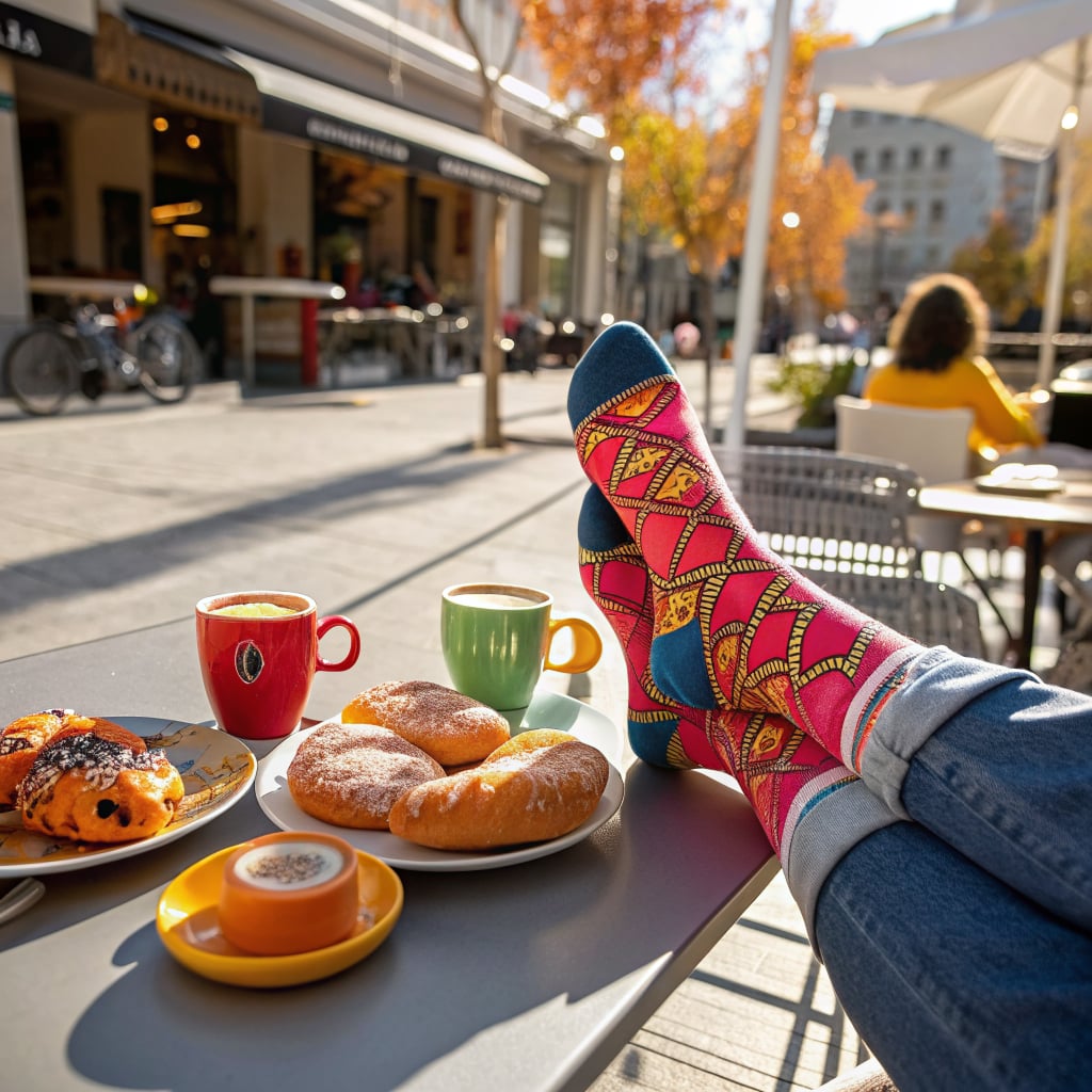 A person wearing colorful socks relaxes at a café table with pastries and coffee.