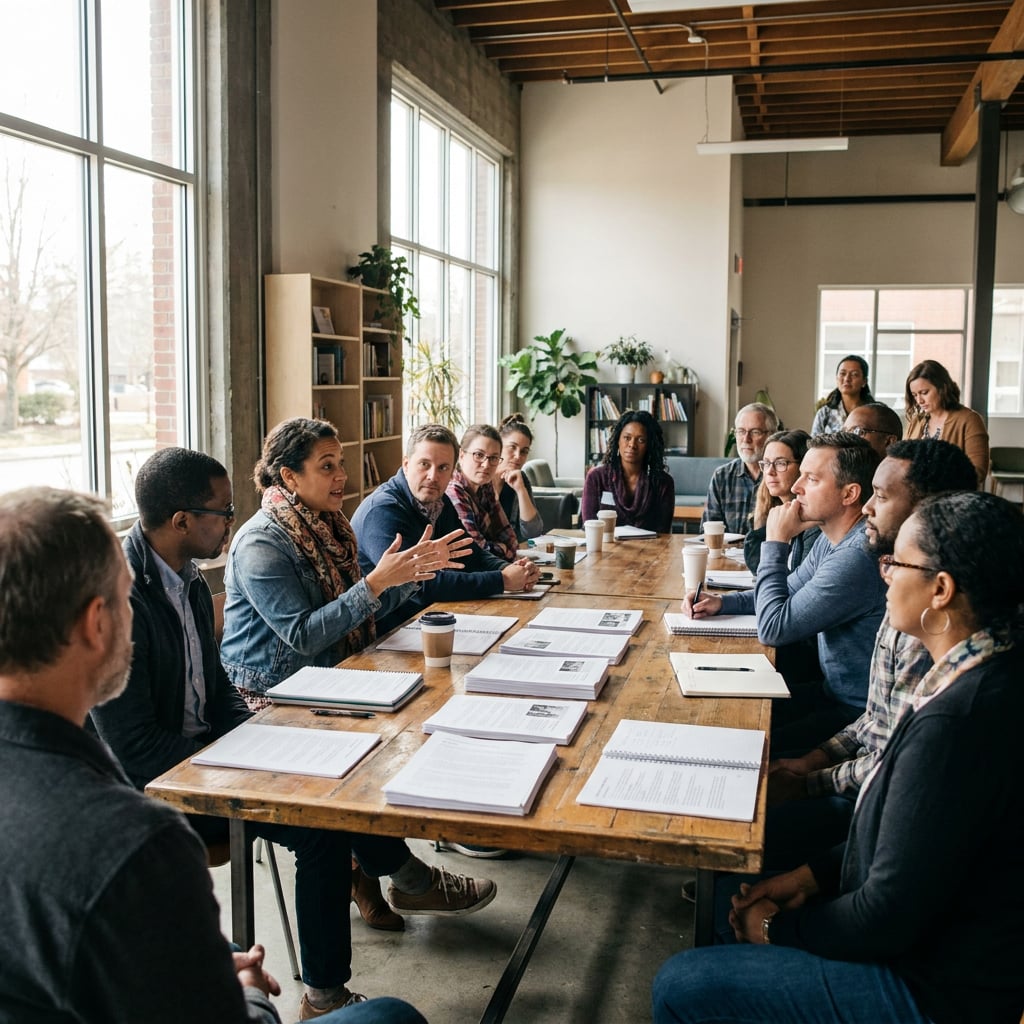 A diverse group of people engaged in a discussion around a table in a well-lit meeting room.