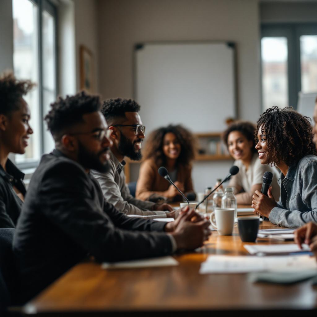 A group of diverse individuals engaged in a discussion around a conference table.