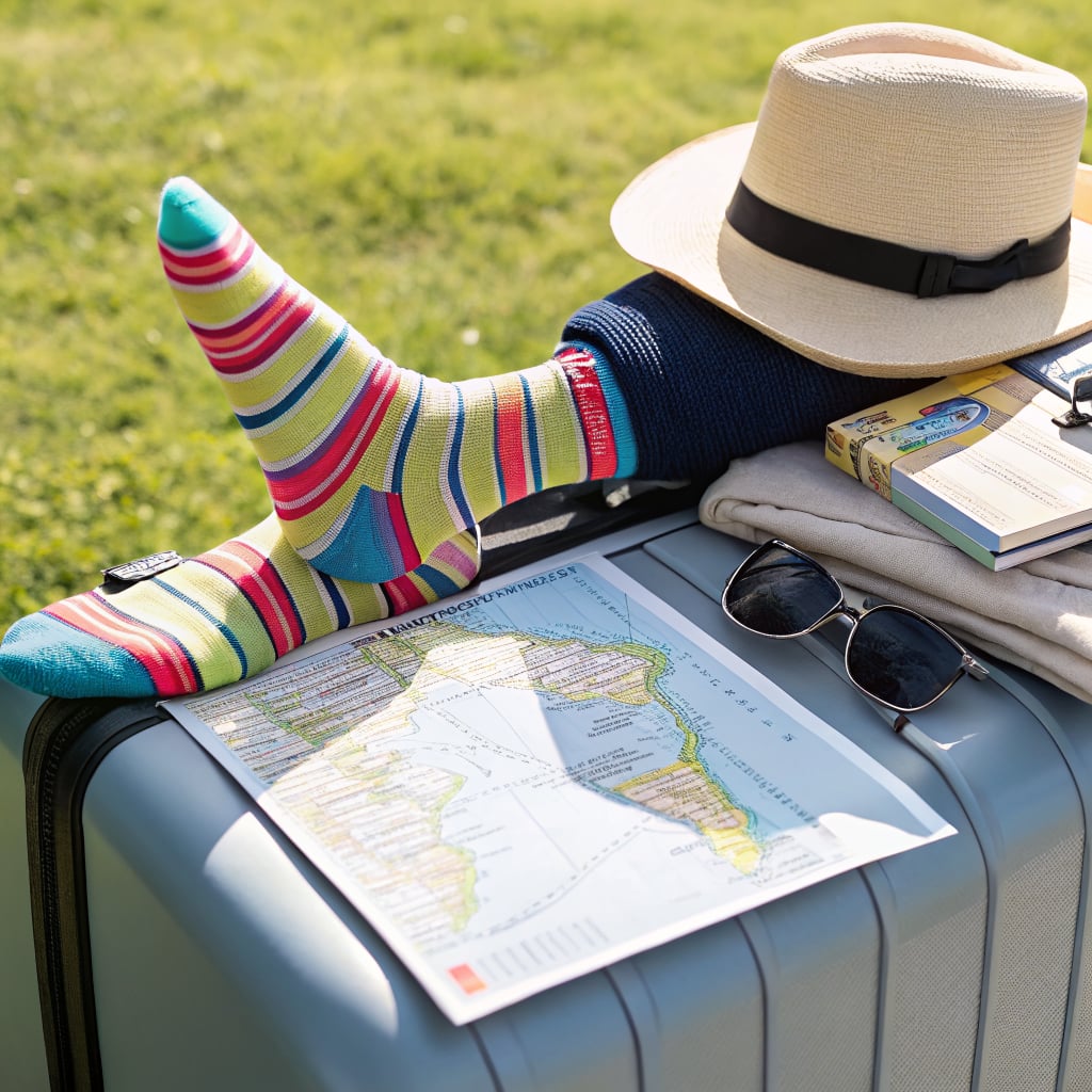A colorful socked foot rests on a suitcase next to a hat, sunglasses, and travel materials.