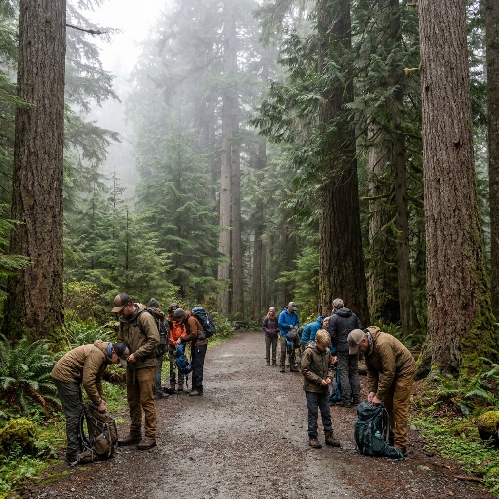 A group of people preparing their gear in a misty forest.