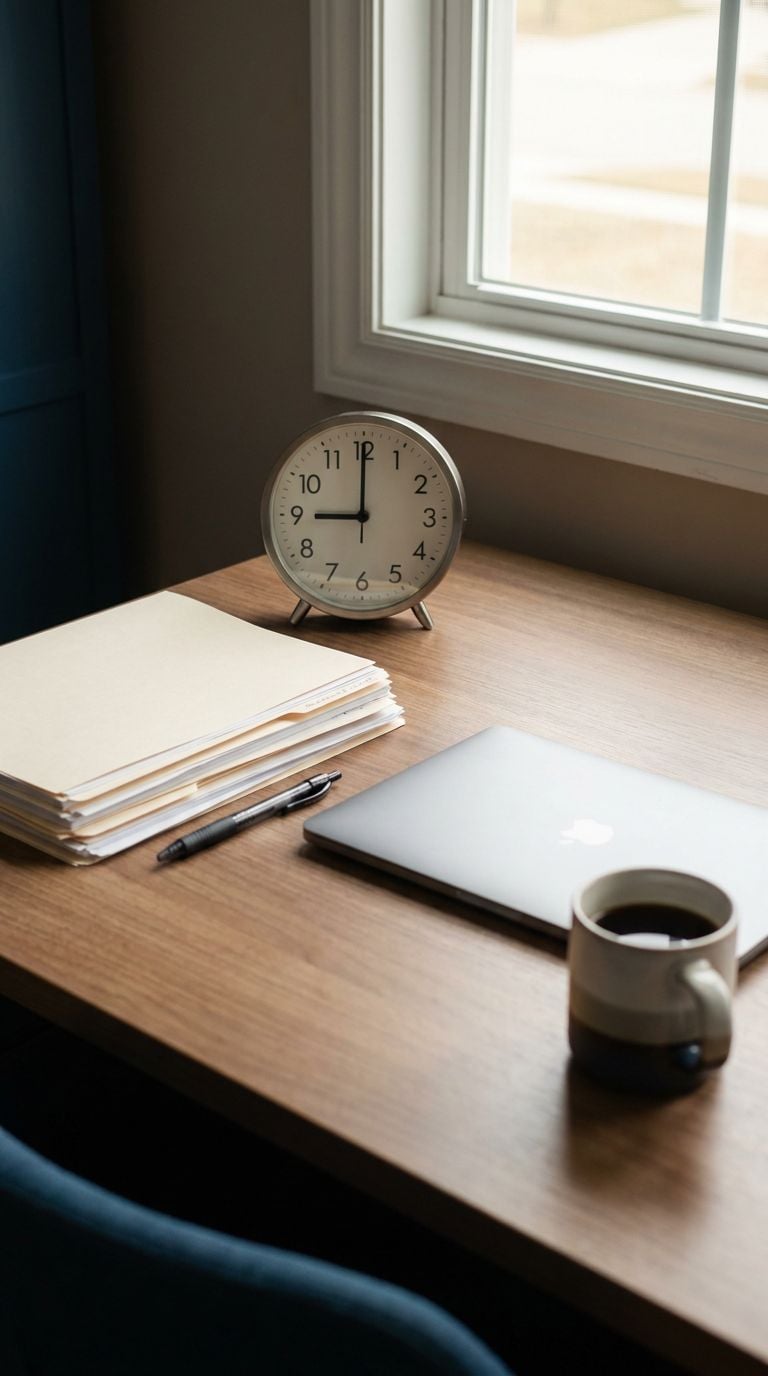 A desk with a clock, stack of papers, laptop, and a cup of coffee near a window.