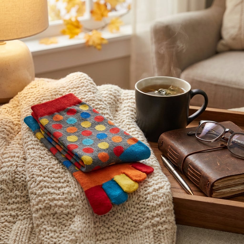 A cozy scene featuring colorful polka dot socks, a steaming cup of tea, a book, and glasses on a knitted blanket.