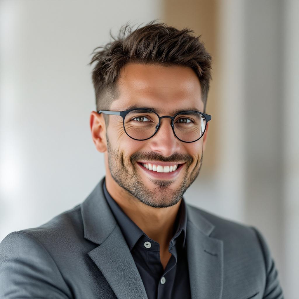 A smiling man wearing glasses and a suit.